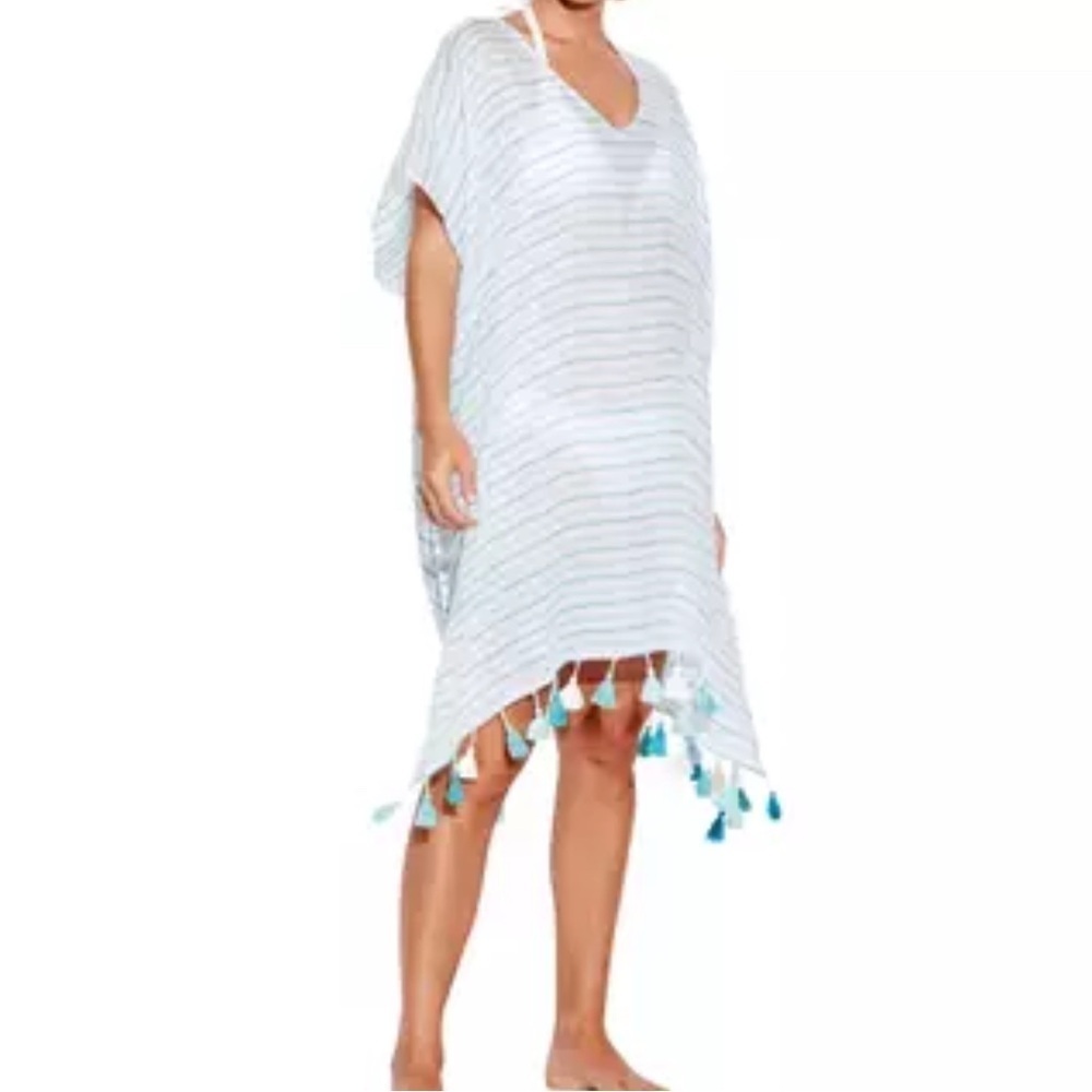 🌻 SEAFOLLY Fine Stripe Cover-Up Linen One-Size Caftan Beach Resort Vacation